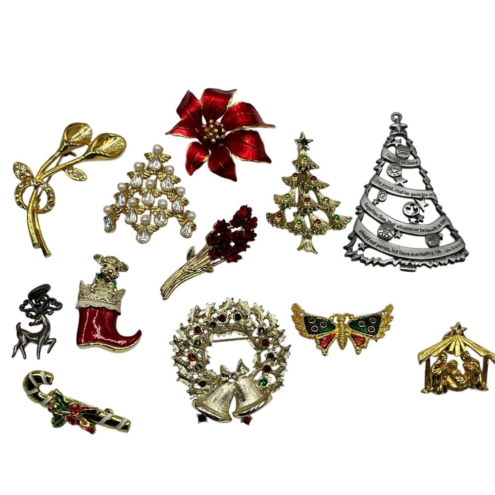 Christmas Xmas Holiday Vintage Resellers Wearable Brooch Lot 13 Pieces
